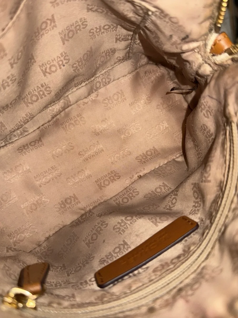 Michael Kors Cream Signature MK Crossbody with Brown Strap and Gold Hardware